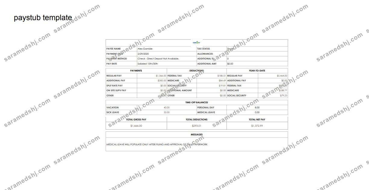 Medical leave pay stub in PDf and Word format